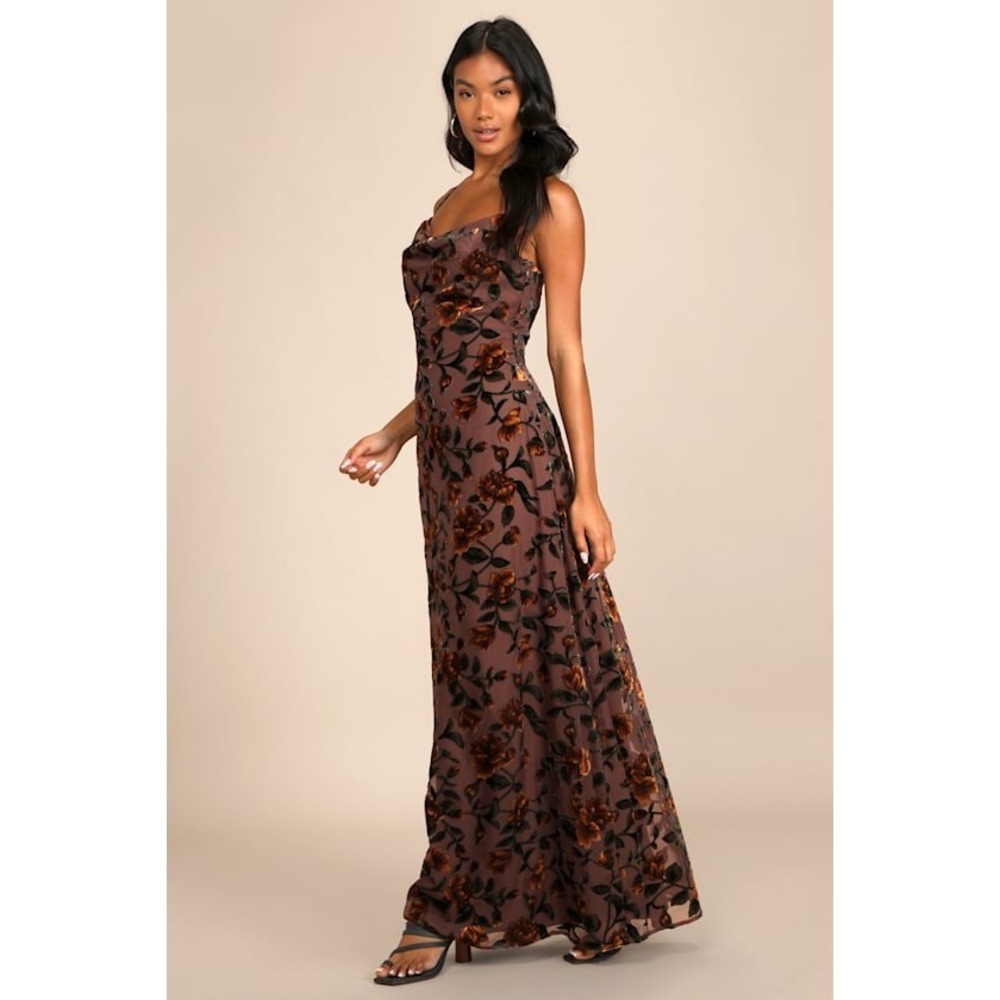 Lulus Romance Brown Burnout Velvet Floral Cowl Neck Maxi Dress Slit Gown size S - Picture 2 of 15
